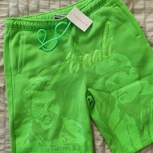 Asaali Green Graphic Print Sweat Shorts Drawstring Pockets LARGE Men NWT